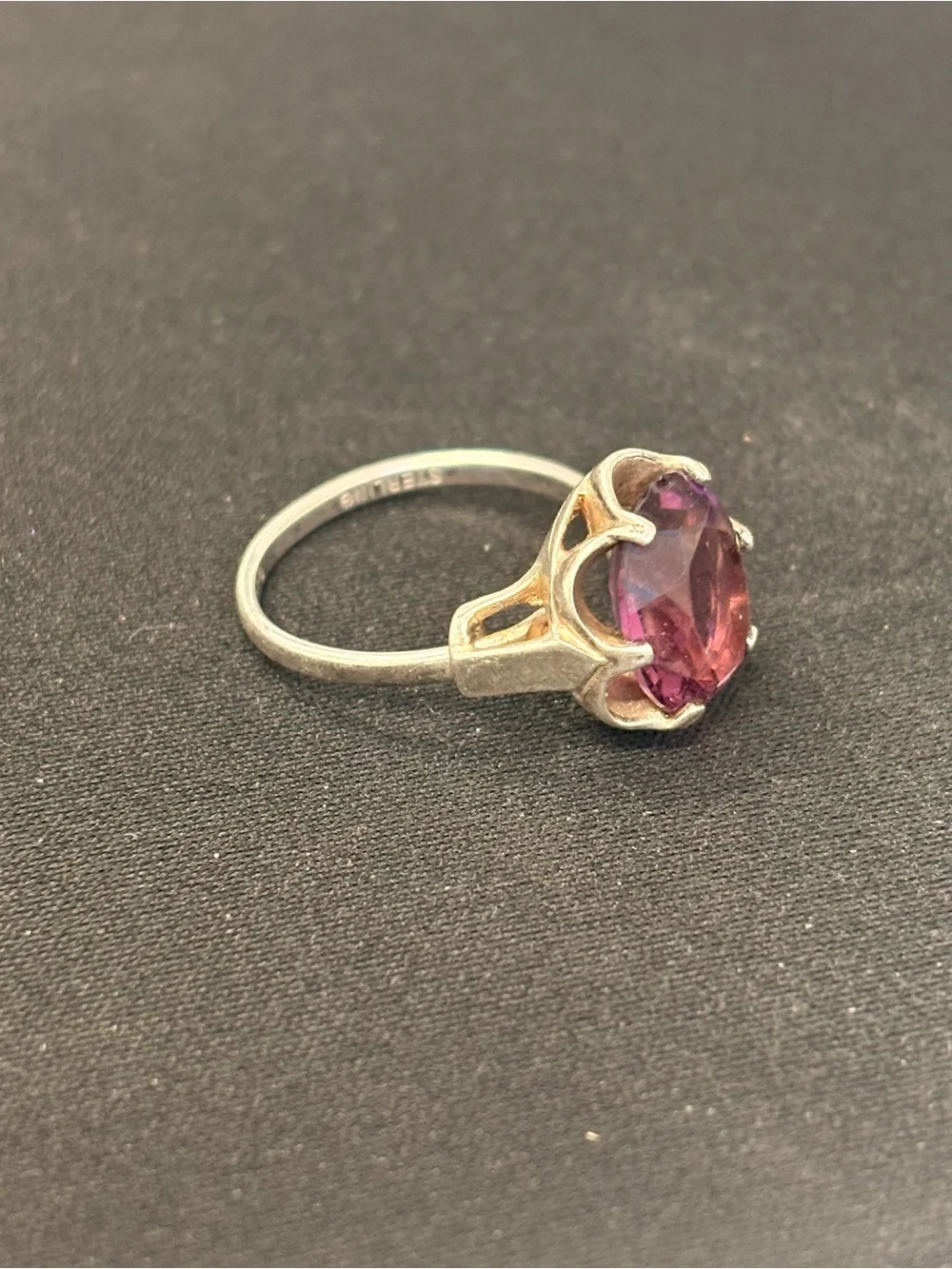 Sarah Coventry Sterling Silver Purple Stone Vintage Cocktail Ring 7.75